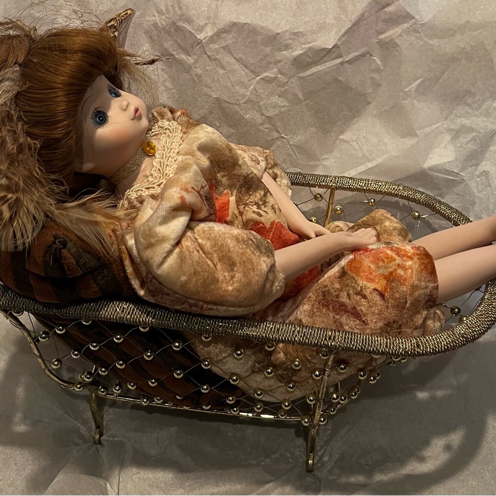 Victorian Collectible Stuffed Beanbag Doll China Face Arms Legs Brass Tone Tub